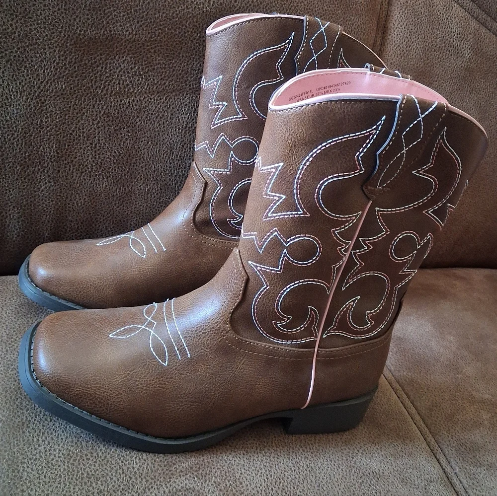 Wonder Nation Brown Western Cowgirl Boots with Pink Trim Girls' Size 5